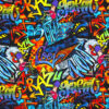 Baumwolljersey, Graffiti-Stil, Blautöne, Rottöne, Grüntöne, Schwarz
