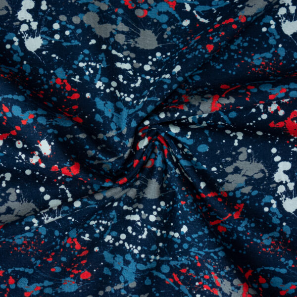 hochwertiger Baumwolljersey, abstrakt gemustert, Blautöne, Rotorange, Grautöne
