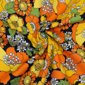 elastischer Twill, florale Motive, Schwarz, Orange, Gelb, Grün