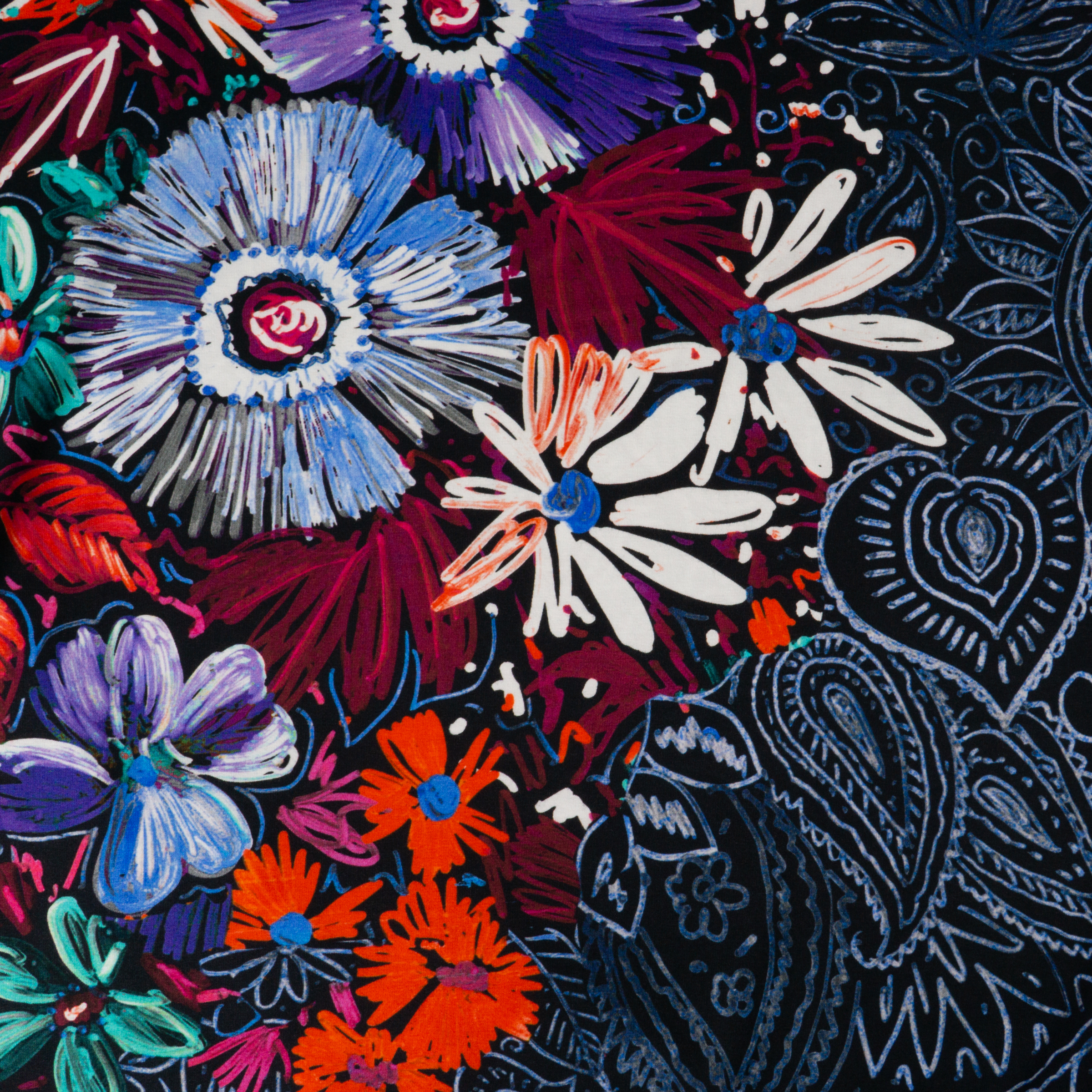 Baumwolljersey, florale Motive, Paisley-Muster, Blautöne, Schwarz