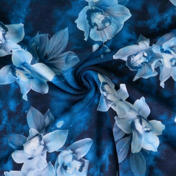 French Terry, florale Motive, schwarz, blautöne