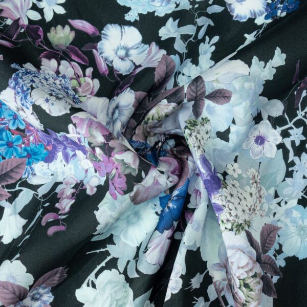 Taft, florale Motive, blautöne, schwarz/weiß