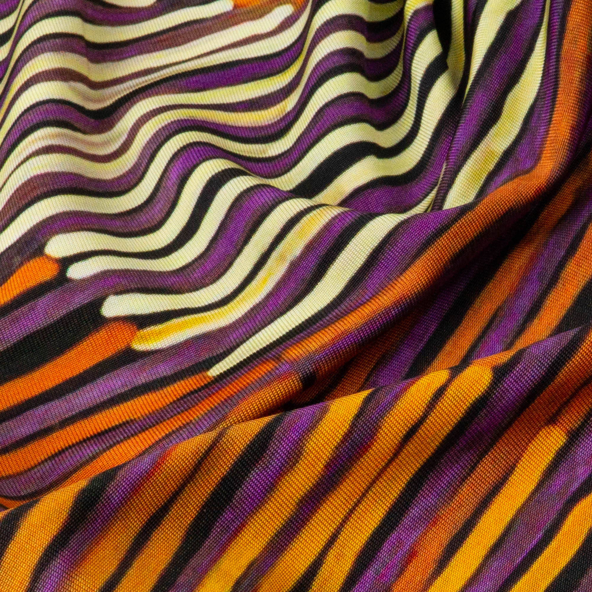 Viskosejersey, abstrakt gemustert, orangetöne, purpur, schwarz